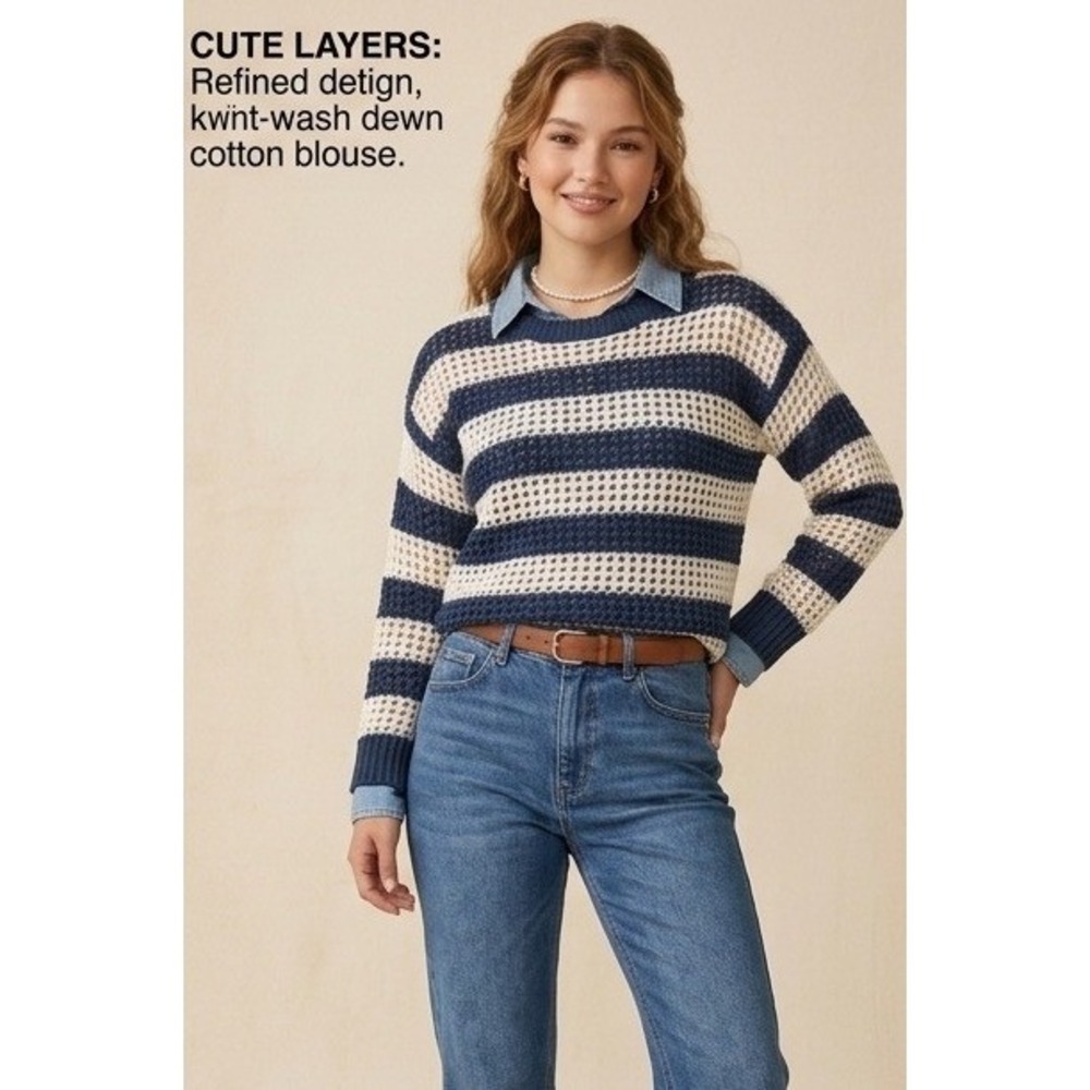 Navy Cream Striped Open Knit Layering Sweater Y2K Crewneck XS RDI 55S254N